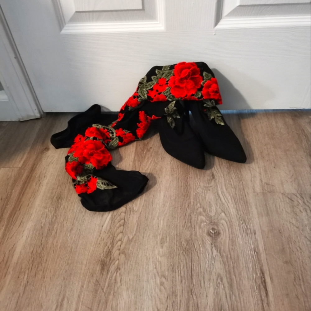 Thigh High rose embroidered boots